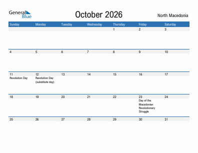 Current month calendar with North Macedonia holidays for October 2026