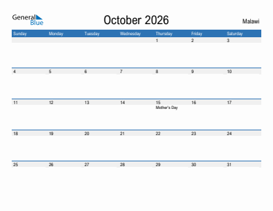 Current month calendar with Malawi holidays for October 2026