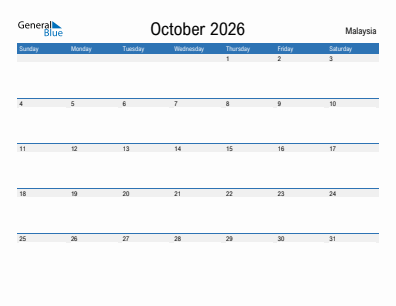 Current month calendar with Malaysia holidays for October 2026