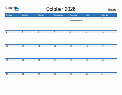 Current month calendar with Nigeria holidays for October 2026