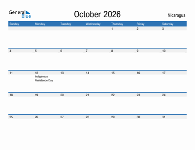 Current month calendar with Nicaragua holidays for October 2026