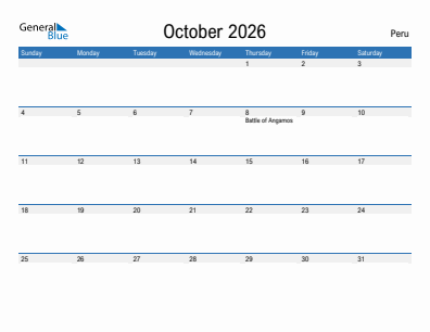 Current month calendar with Peru holidays for October 2026