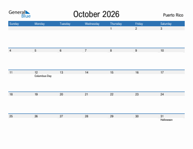 Current month calendar with Puerto Rico holidays for October 2026