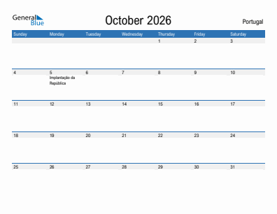Current month calendar with Portugal holidays for October 2026
