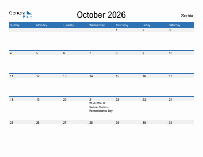Current month calendar with Serbia holidays for October 2026