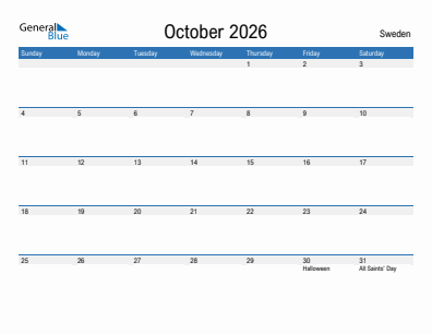 Current month calendar with Sweden holidays for October 2026