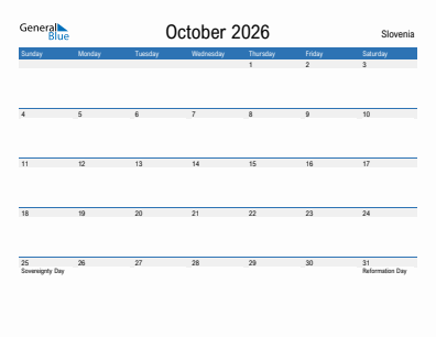 Current month calendar with Slovenia holidays for October 2026