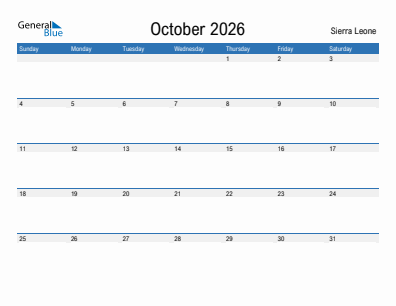 Current month calendar with Sierra Leone holidays for October 2026