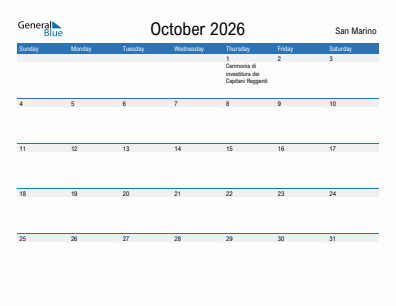 Current month calendar with San Marino holidays for October 2026