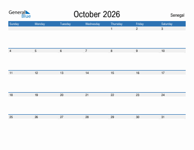 Current month calendar with Senegal holidays for October 2026
