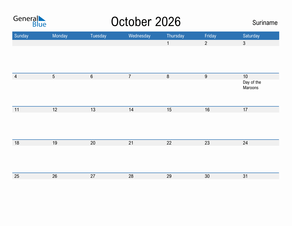 Editable October 2026 Calendar with Suriname Holidays