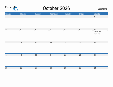 Current month calendar with Suriname holidays for October 2026