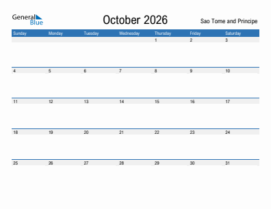 Current month calendar with Sao Tome and Principe holidays for October 2026