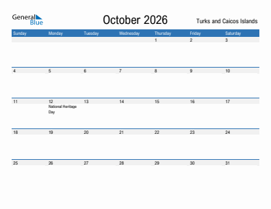 Current month calendar with Turks and Caicos Islands holidays for October 2026