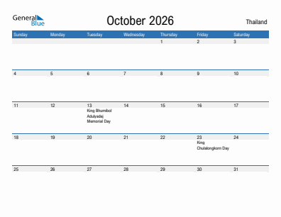 Current month calendar with Thailand holidays for October 2026