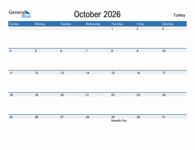 Current month calendar with Turkey holidays for October 2026