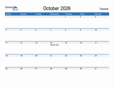 Current month calendar with Tanzania holidays for October 2026