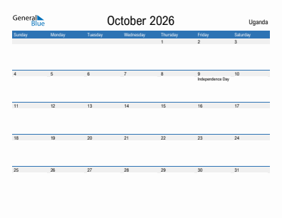 Current month calendar with Uganda holidays for October 2026
