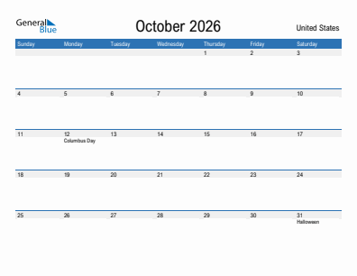 Current month calendar with United States holidays for October 2026
