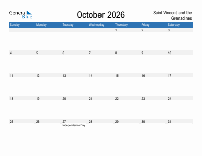 Current month calendar with Saint Vincent and the Grenadines holidays for October 2026