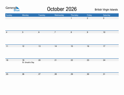 Current month calendar with British Virgin Islands holidays for October 2026
