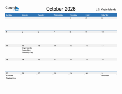 Current month calendar with U.S. Virgin Islands holidays for October 2026