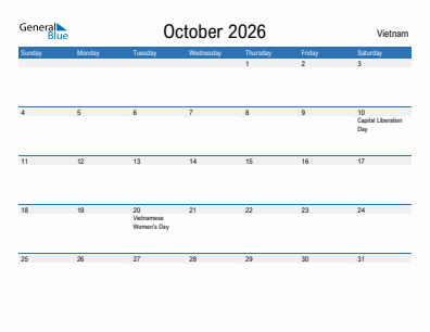 Current month calendar with Vietnam holidays for October 2026