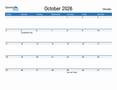 Current month calendar with Vanuatu holidays for October 2026