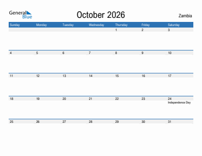 Current month calendar with Zambia holidays for October 2026