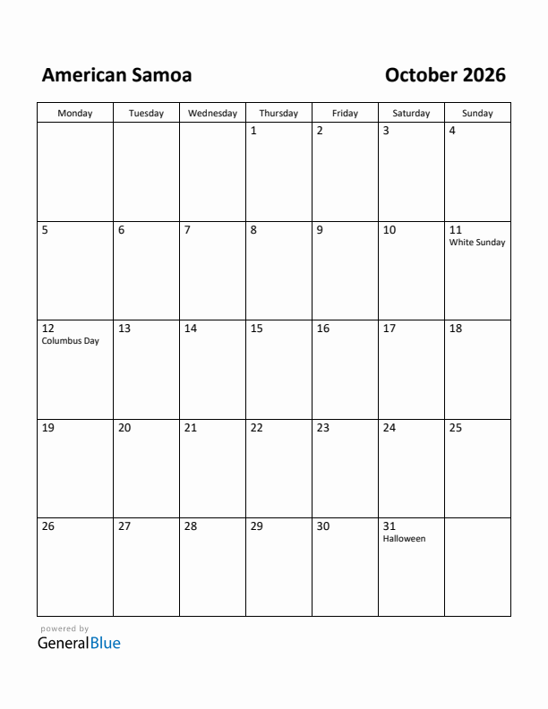 October 2026 Calendar with American Samoa Holidays