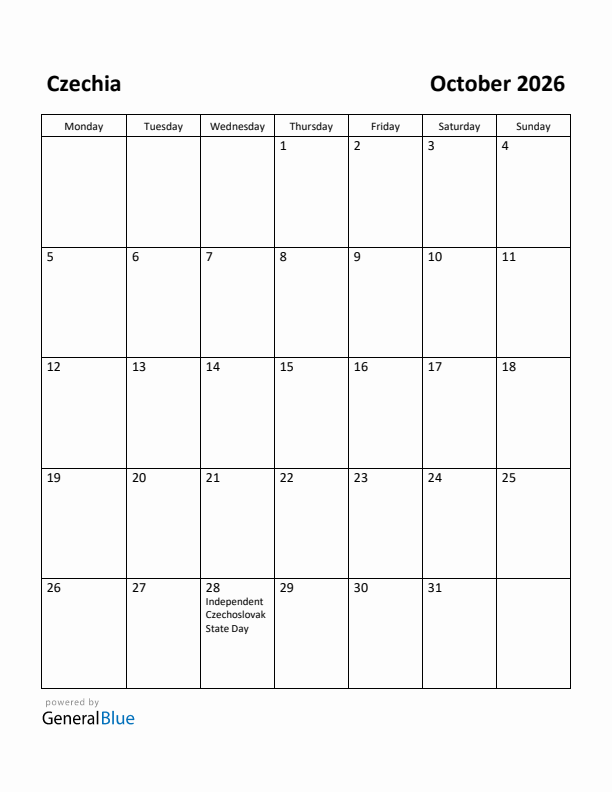 October 2026 Calendar with Czechia Holidays