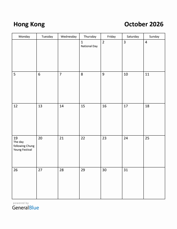 October 2026 Calendar with Hong Kong Holidays