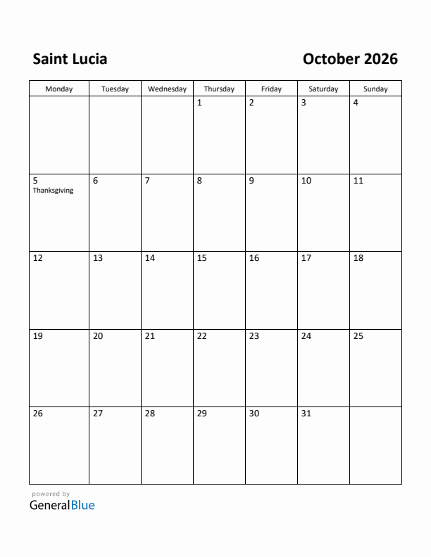October 2026 Calendar with Saint Lucia Holidays