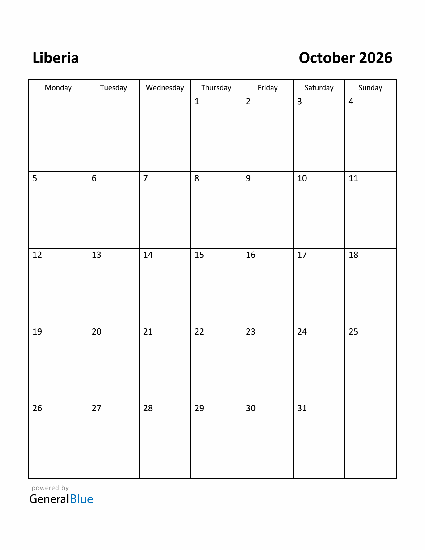 October 2026 Calendar with Liberia Holidays