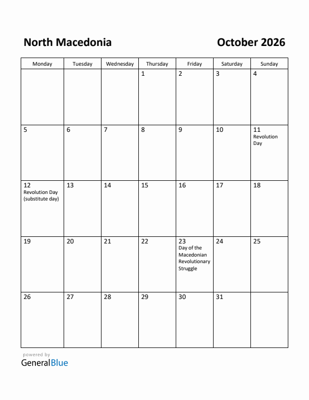 October 2026 Calendar with North Macedonia Holidays