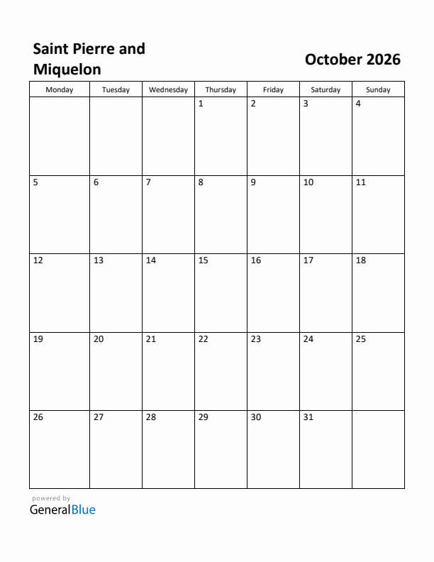 October 2026 Calendar with Saint Pierre and Miquelon Holidays