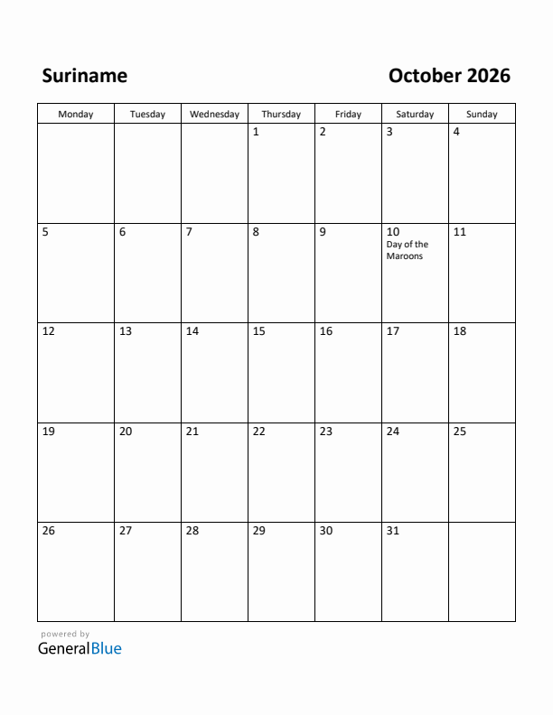 October 2026 Calendar with Suriname Holidays