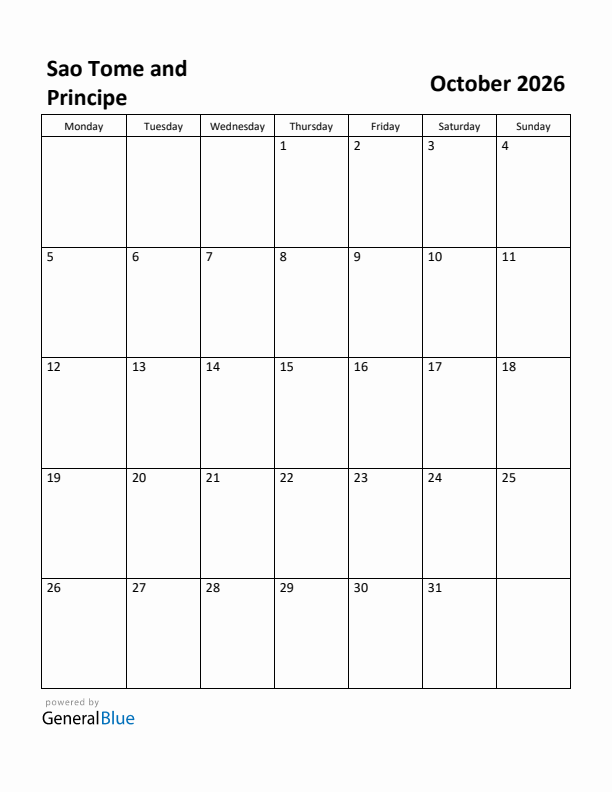 October 2026 Calendar with Sao Tome and Principe Holidays