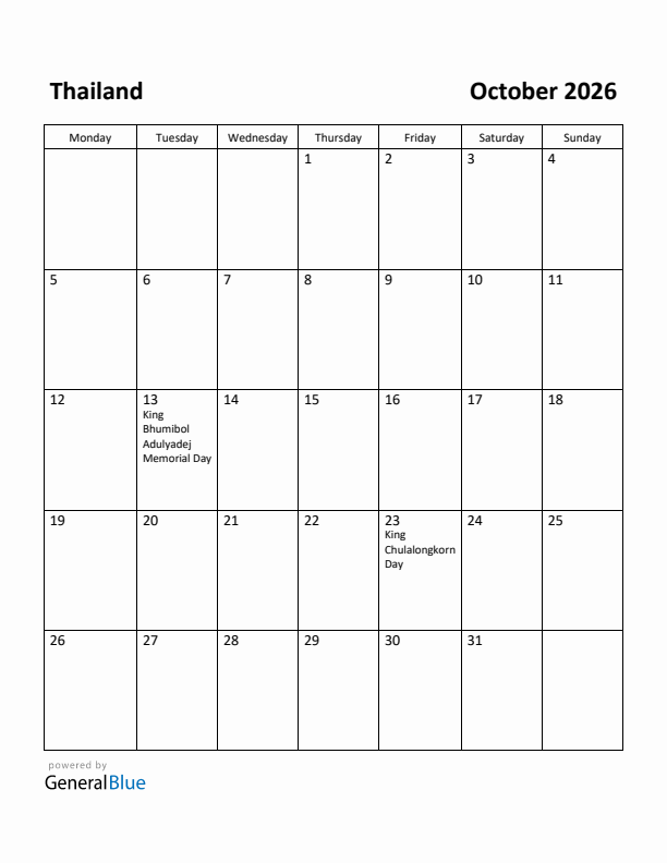 October 2026 Calendar with Thailand Holidays
