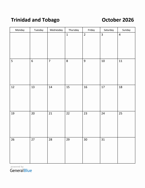October 2026 Calendar with Trinidad and Tobago Holidays