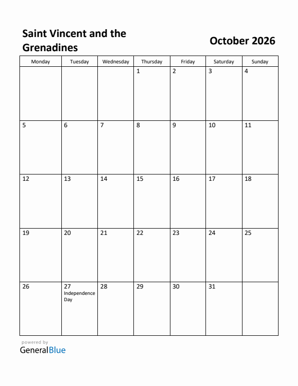 October 2026 Calendar with Saint Vincent and the Grenadines Holidays