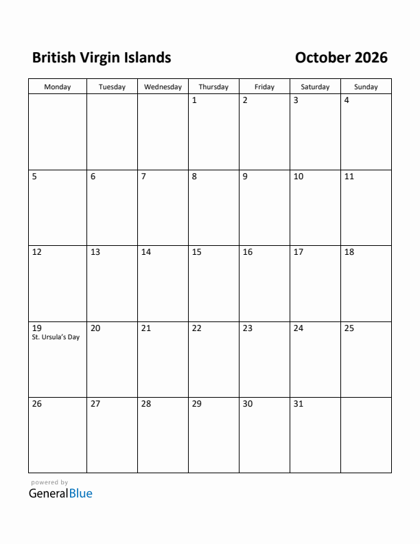 October 2026 Calendar with British Virgin Islands Holidays