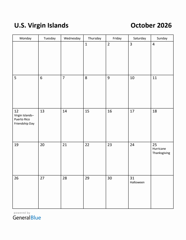October 2026 Calendar with U.S. Virgin Islands Holidays