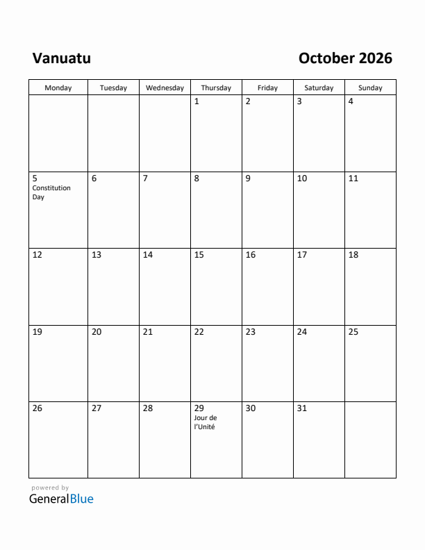 October 2026 Calendar with Vanuatu Holidays