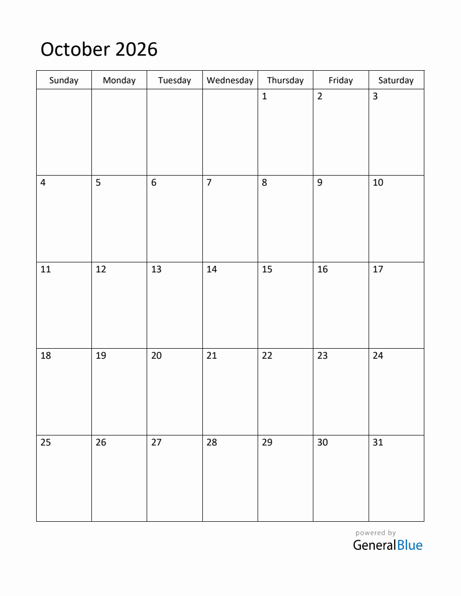 Editable October 2026 Monthly Calendar