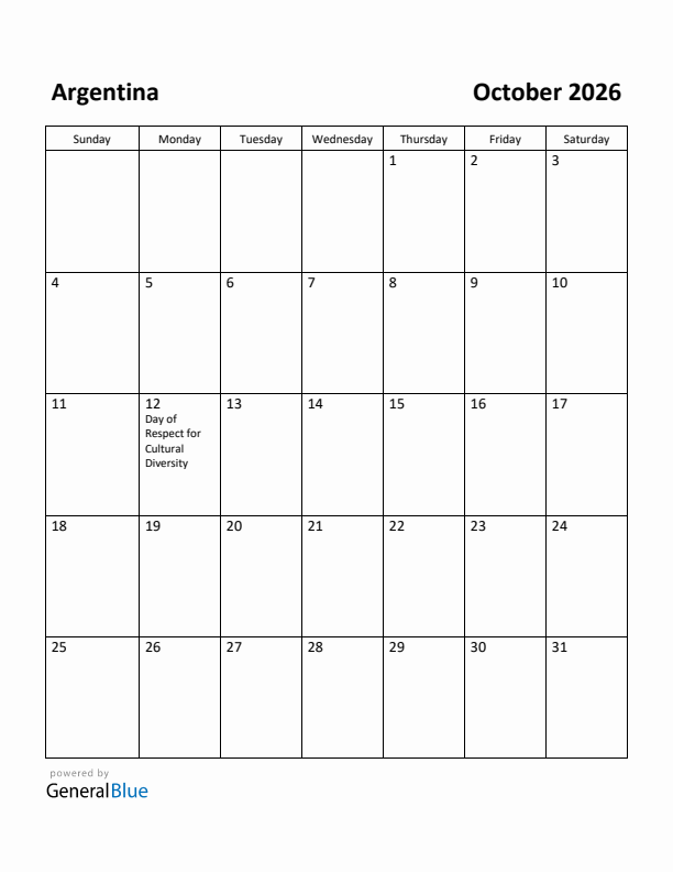 October 2026 Calendar with Argentina Holidays