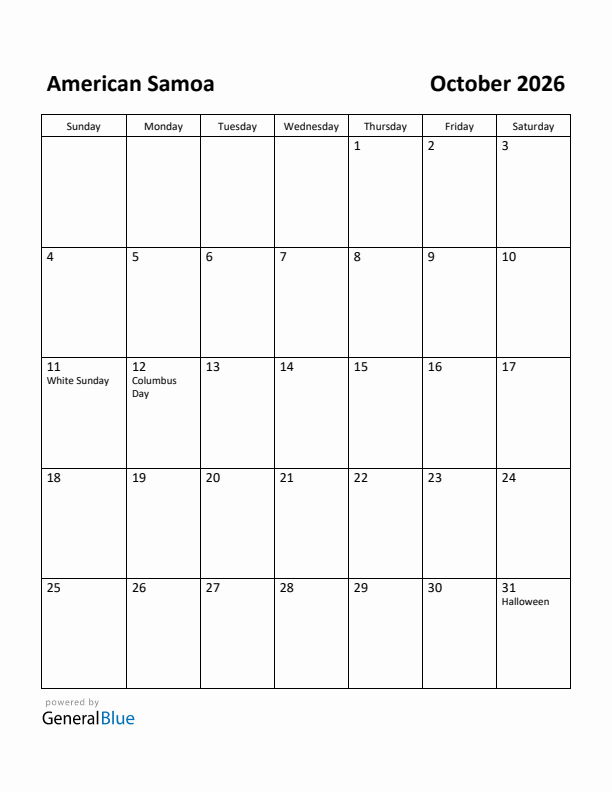 October 2026 Calendar with American Samoa Holidays