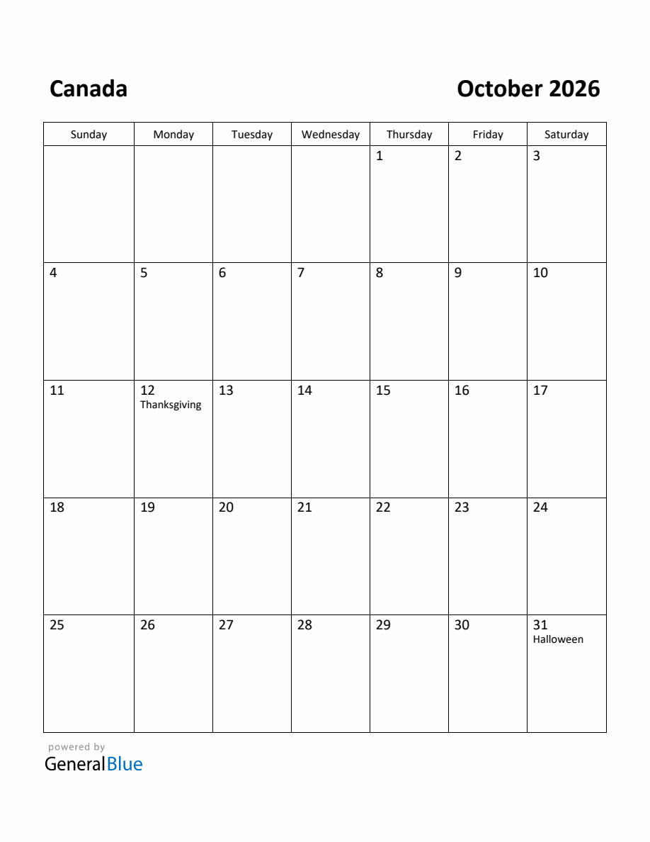 Free Printable October 2026 Calendar for Canada