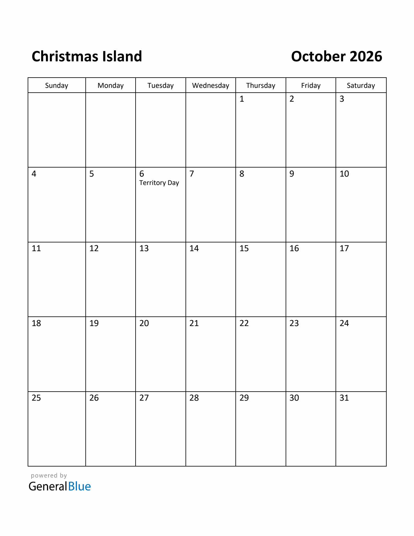 October 2026 Calendar with Christmas Island Holidays