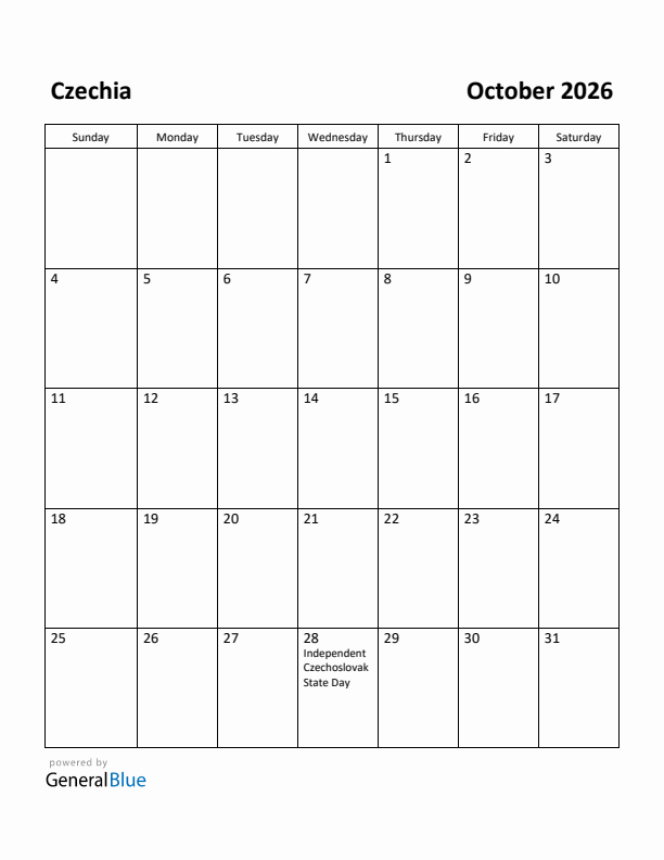 October 2026 Calendar with Czechia Holidays